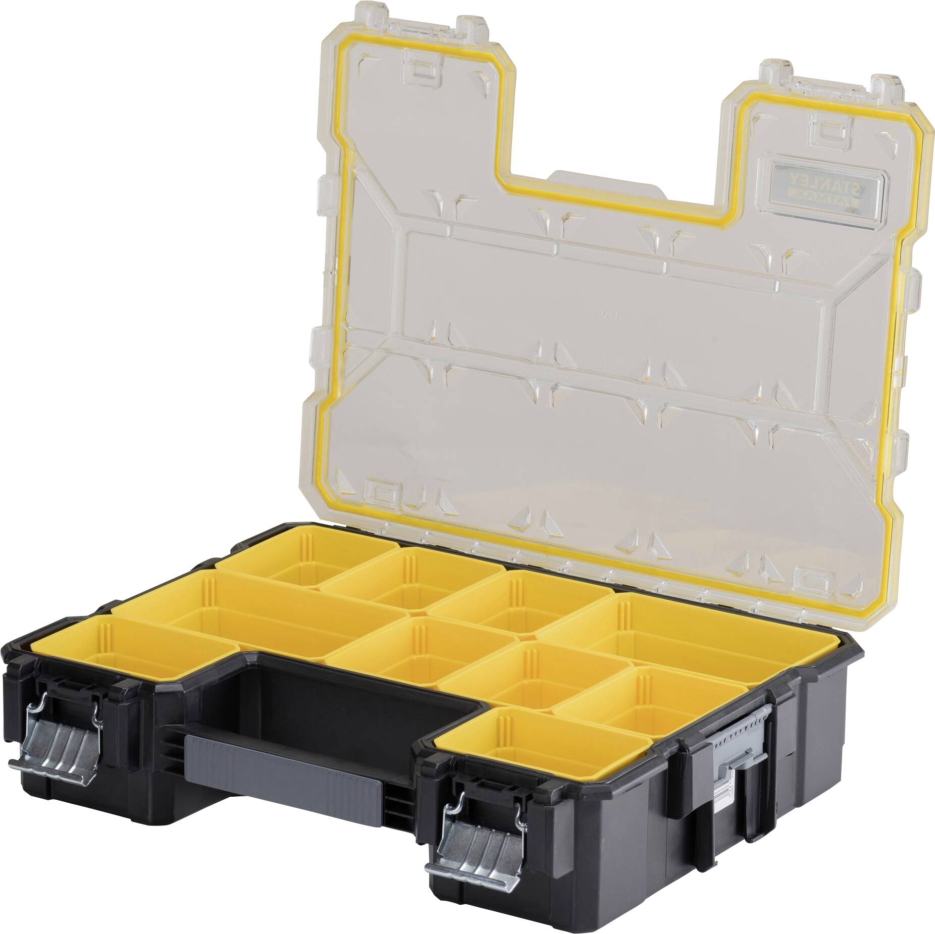 Egy nyitott szerszámosláda sárga rekeszekkel kisalkatrészek tárolásához. Átlátszó fedőrésszel és szürke házborítással.