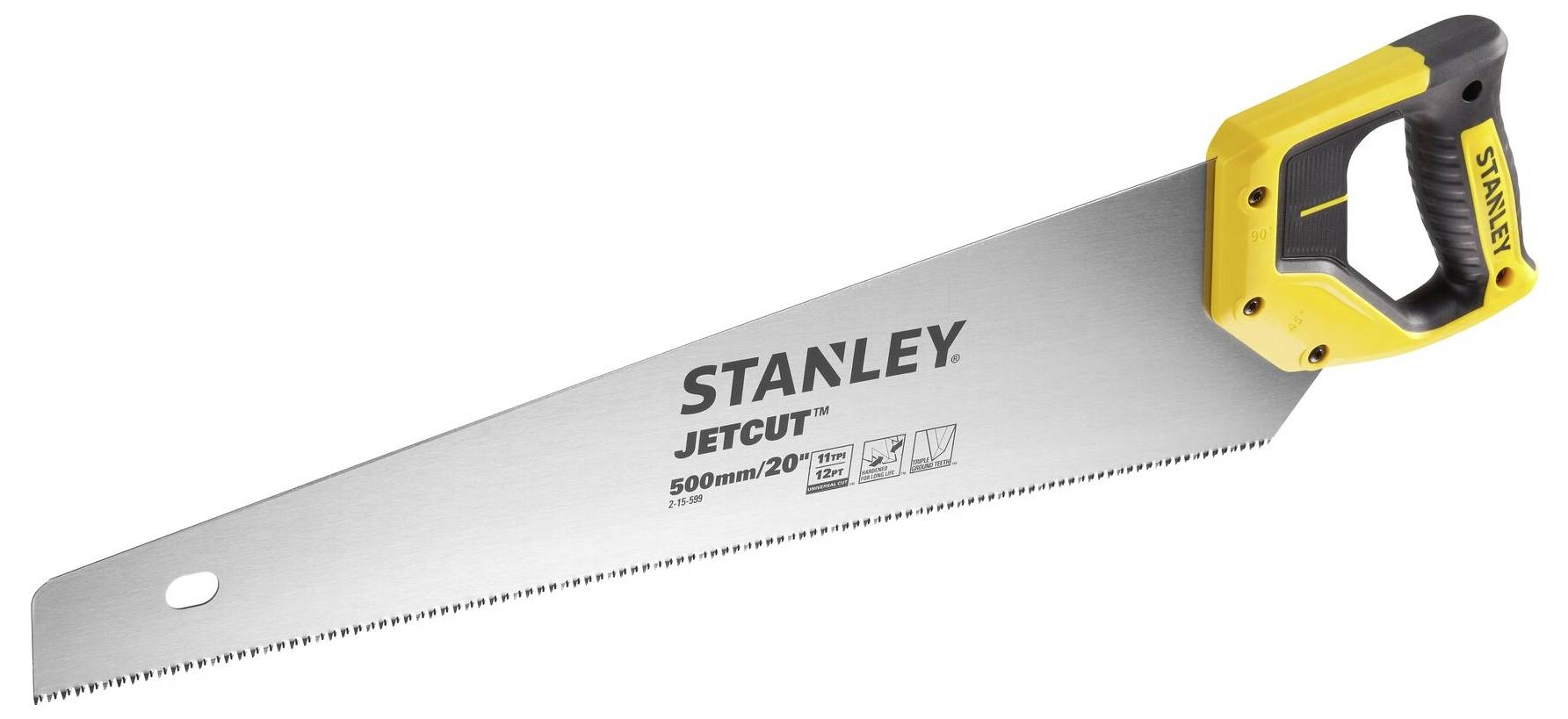 Sárga markolatú kézi fűrész, fém pengén 'Stanley JetCut 500mm/20'' felirattal.