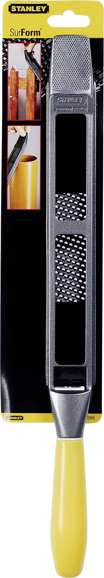 Sárga nyéllel rendelkező fémszerszám fekete és sárga háttér előtt, valószínűleg egy reszelő vagy fűrészfogú szerszám.