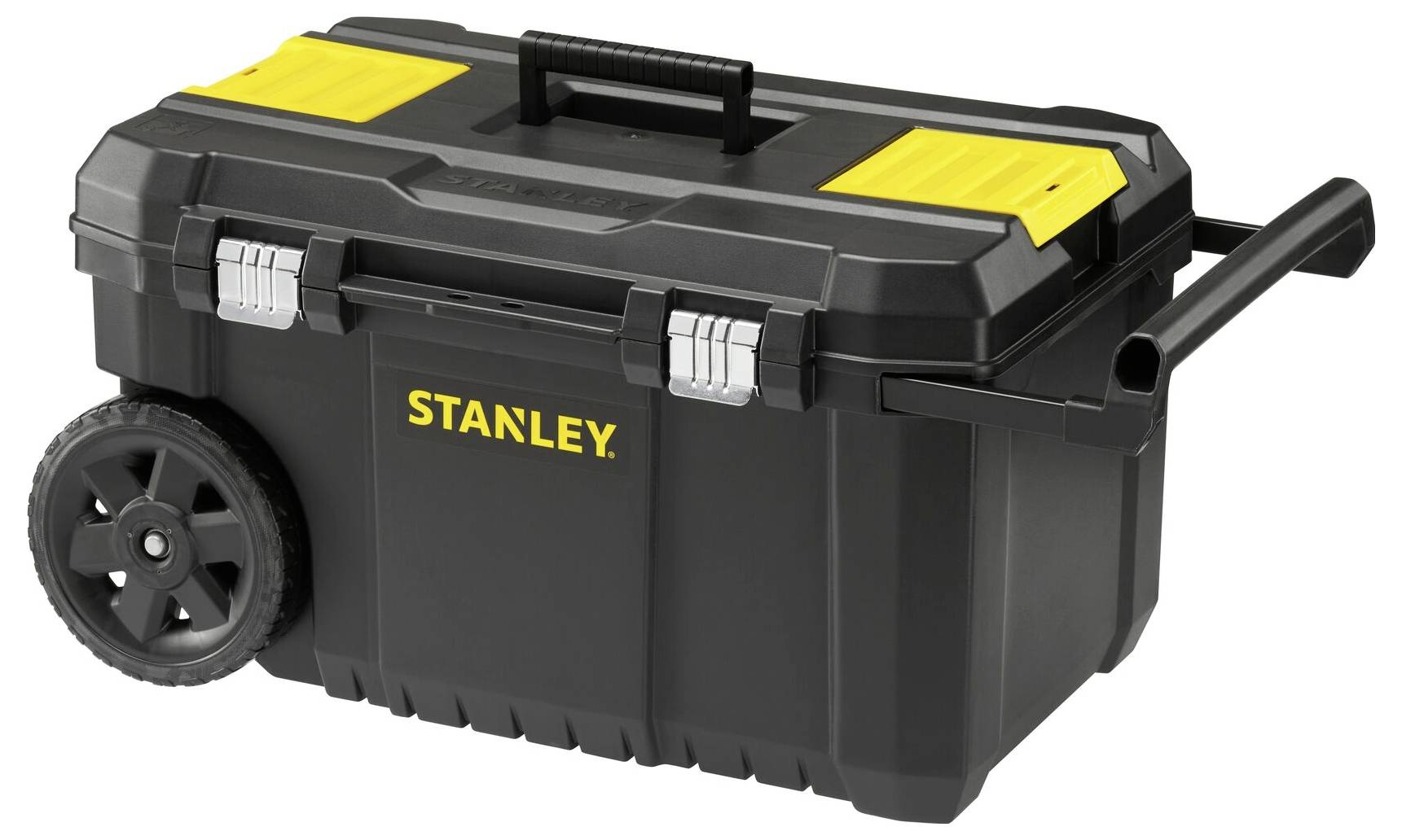 Fekete szerszámosláda sárga 'Stanley' logóval, két kerékkel és kihúzható fogantyúval, alkalmas mobil szerszámhasználatra.