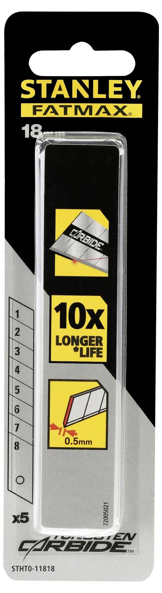 Stanley Fatmax kés pengék csomagolása, 18 mm-es, hat pengével. A felirat '10x hosszabb élettartam' és a penge vastagsága 0,5 mm.
