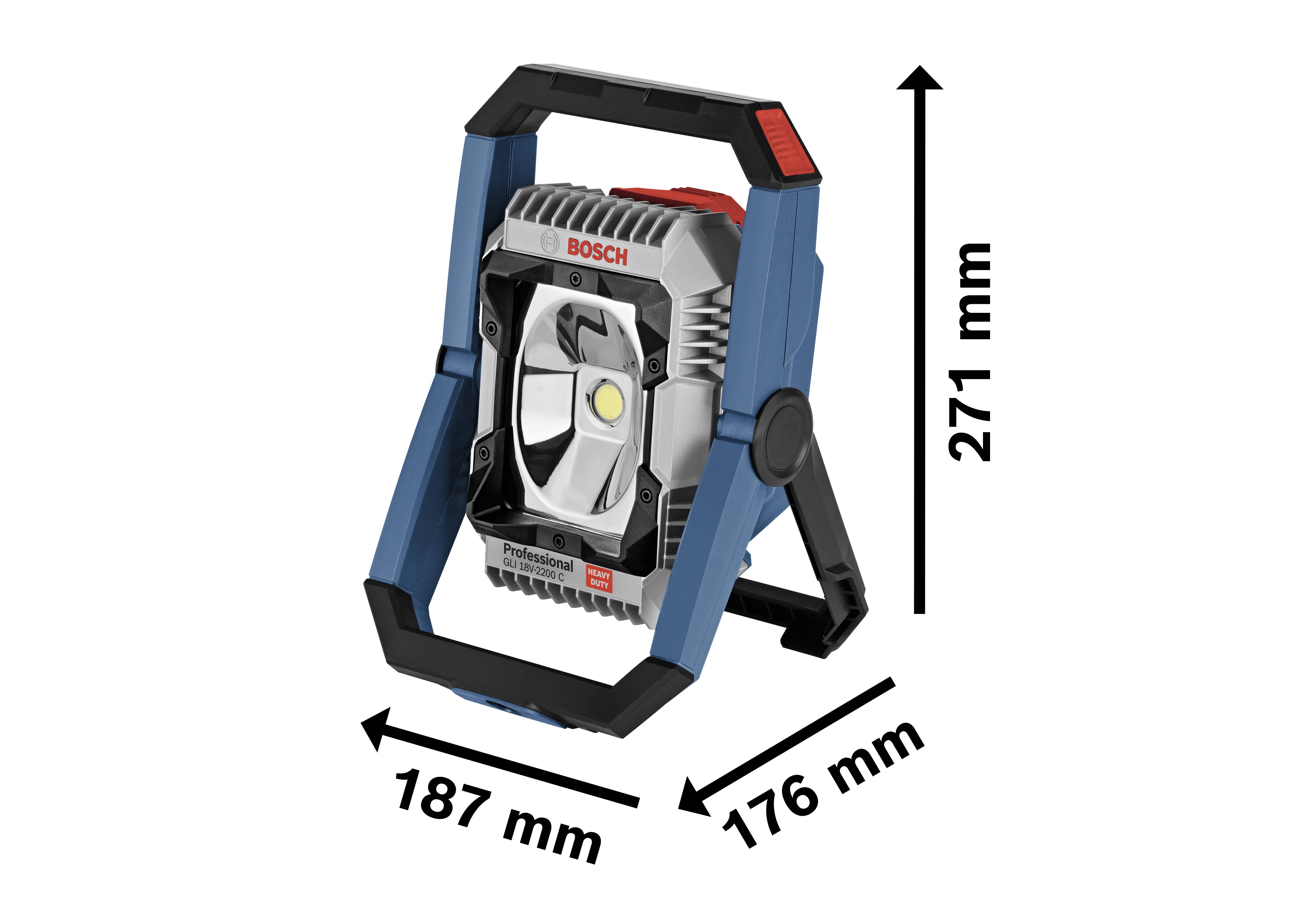 Bosch építőipari LED-reflektor, kék házban fekete fogantyúval. A mérete 187 mm x 176 mm x 271 mm.