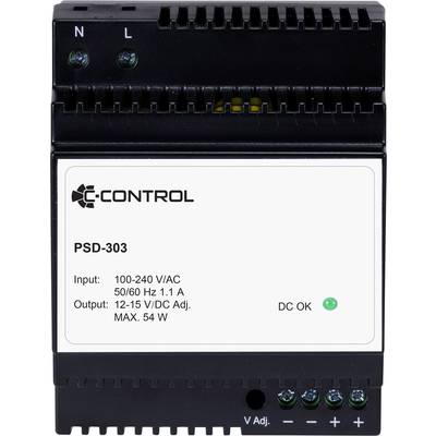   C-Control  PSD-303  Kalapsínes tápegység  Táp (standby) 0.3 W  12 V/DC  4.5 A  54 W  Kimenetek száma:1 x    Tartalom, 