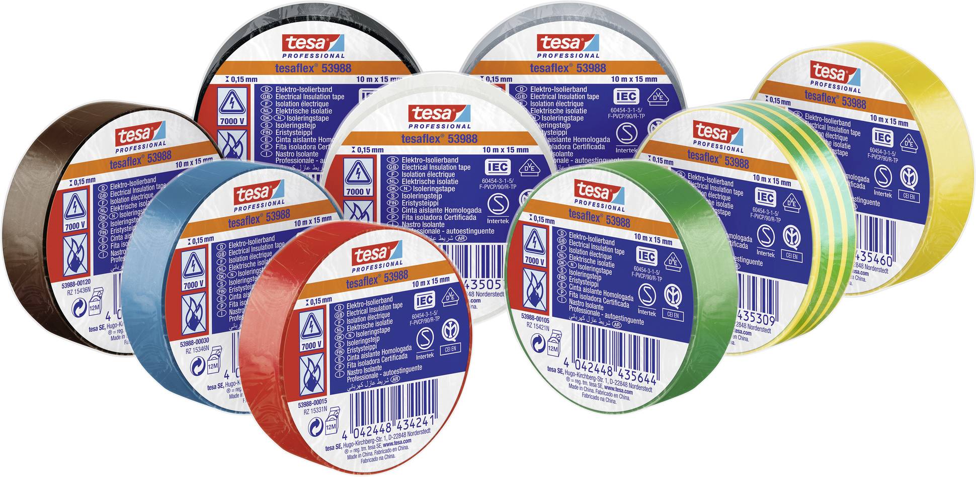 tesa 53988-00135-00 Szigetelőszalag tesa® Professional Barna, Zöld, Sárga, Fehér, Szürke, Kék, Piros, Fekete, Fekete (H x Sz) 10 m x 15 mm 10 db