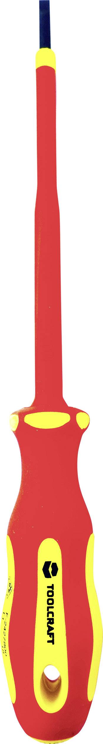 Egy piros csavarhúzó szigetelt fogóval és sárga részletekkel, amely feszültség alatti munkákhoz alkalmas.