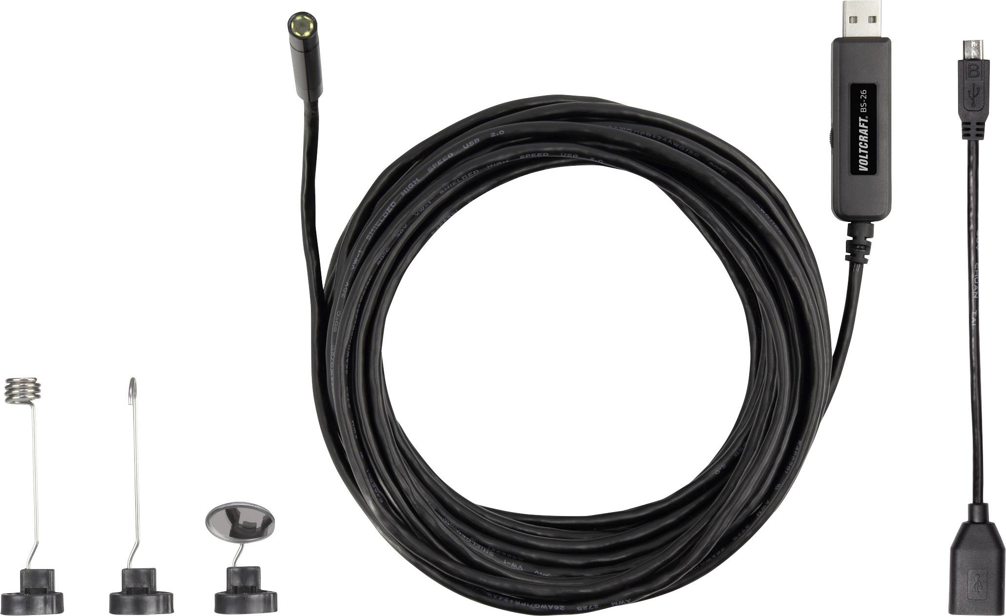 Egy fekete USB-endoszkóp kábel kamerával és három különböző cserélhető hegyfeltéttel, alkalmas vizsgálatokhoz.