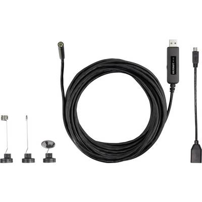 Egy fekete USB-endoszkóp kábel kamerával és három különböző cserélhető hegyfeltéttel, alkalmas vizsgálatokhoz.