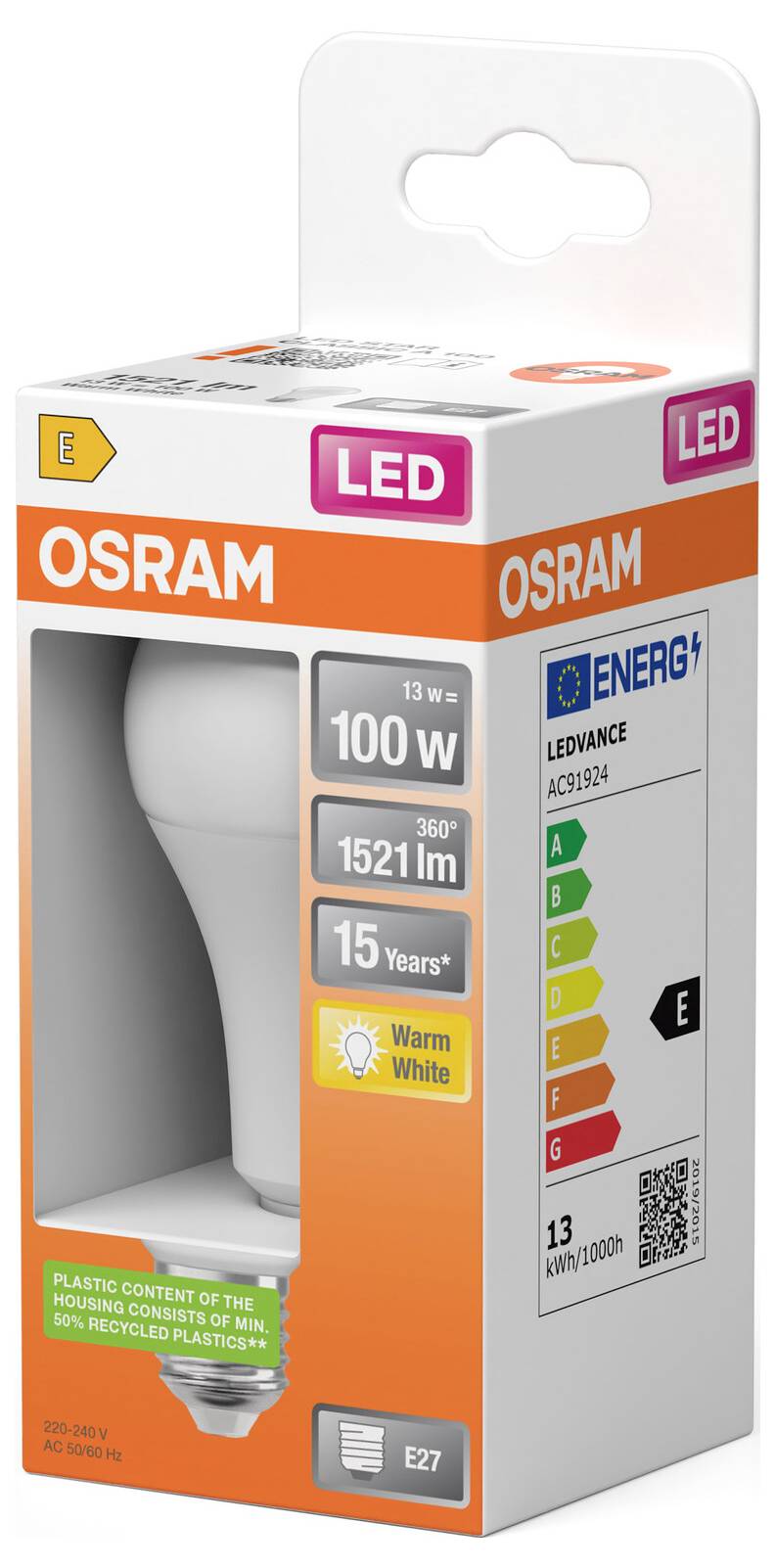 OSRAM LED izzó doboz, amely egy 100W-os megfelelőt, 1521 lm-t, meleg fehér izzót mutat E27 foglalattal és energiahatékonysági címkével.