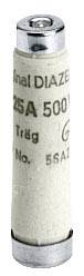 Biztosíték, amelyen '25A 500V' felirat szerepel. A test hengeres alakú, a végei fémes.