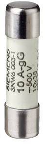 Hengeres biztosíték '10 A - 500 V' felirattal, elektromos áramkörök számára alkalmas, maximális feszültség 500 volt.