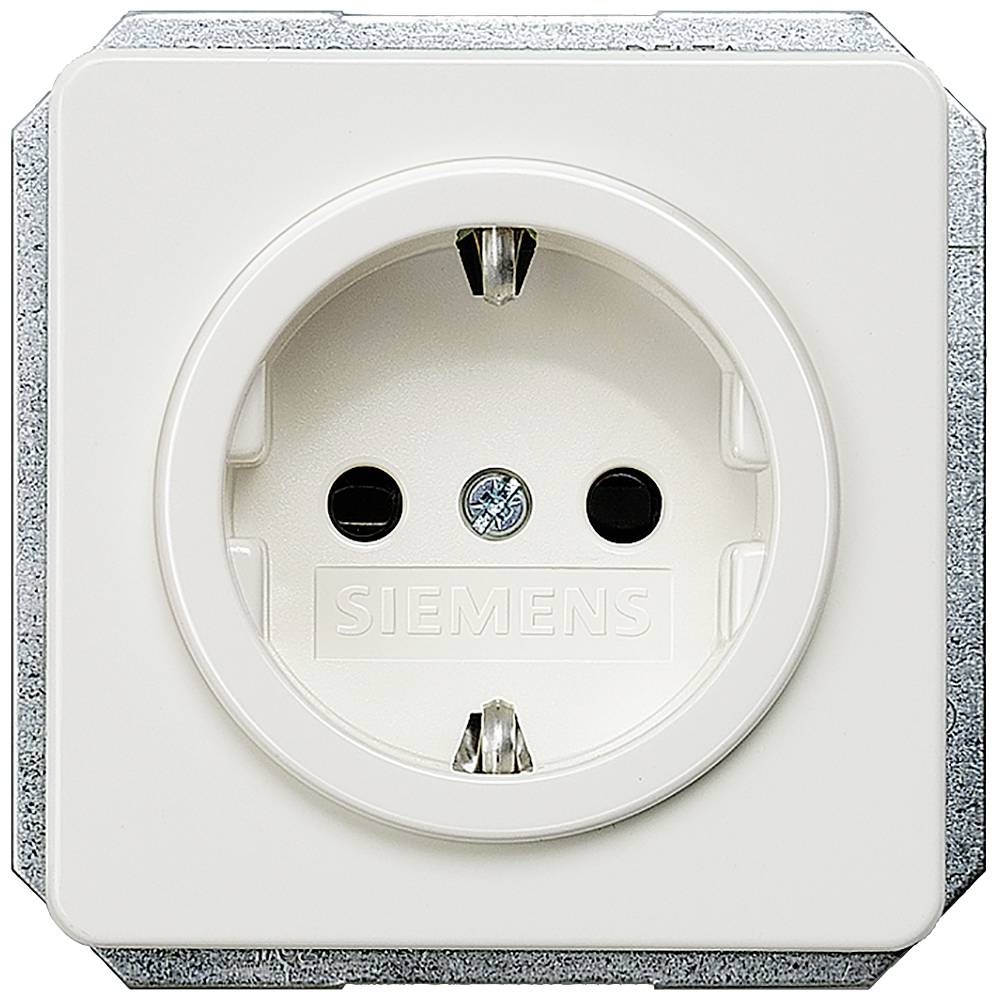 Siemens fehér dugaszolóaljzat védőérintkezővel és két nyílással, fémfelületre szerelve.