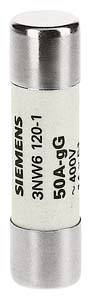 Egy Siemens hengeres biztosítóbetét, amelyen a '3NW6 120-1', '50A gG' és '400V' felirat szerepel.