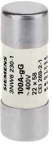 Biztosíték 'SIEMENS 3NW6 230-1 100A-gG 400V 22x58 CEI 269-2-1' felirattal. Henger alakú, fémes végű.