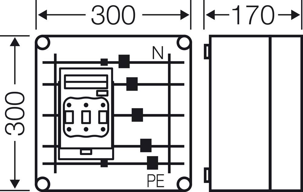 Egy elektromos kapcsolási rajz ábrázolása 300 x 170 mm méretben. Mutatja a csatlakozókat: 'N', 'PE', és a földelő vezetékeket.