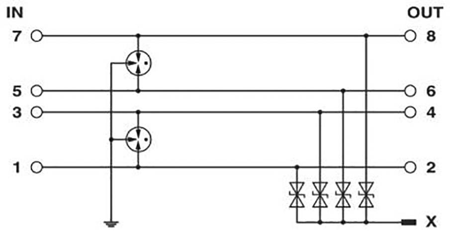 Kapcsolási rajz: A séma bemutatja a bemenetek (1, 3, 5, 7) és kimenetek (2, 4, 6, 8) közötti kapcsolatot két diódapárral és egy kereszteződési ponttal (X).