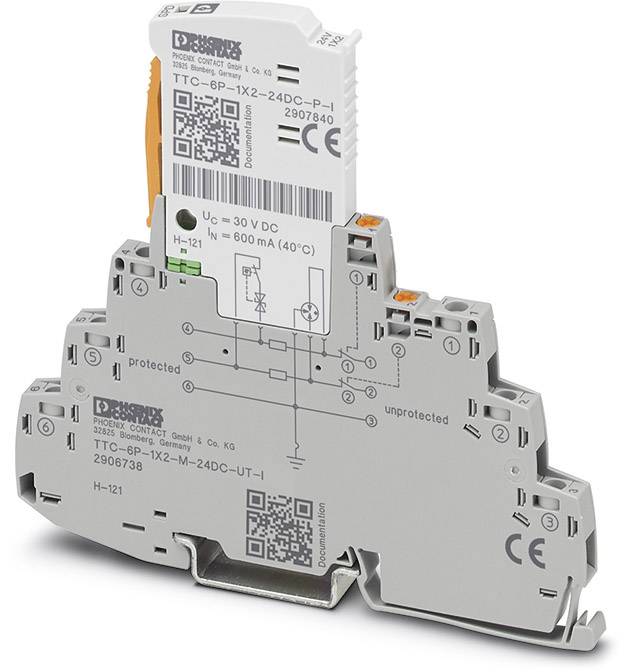 Elektromos csatlakozóblokk-alkatrészek szürke és fehér színben, gyártói információkkal és QR-kódokkal, 24V DC alkalmazásokhoz megfelelő kivitelben.