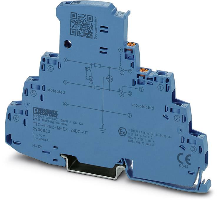Egy kék DIN-sínű modul elektromos csatlakozókkal és nyomtatott kapcsolási rajzzal. Házán gyártói és termékinformációk láthatók.