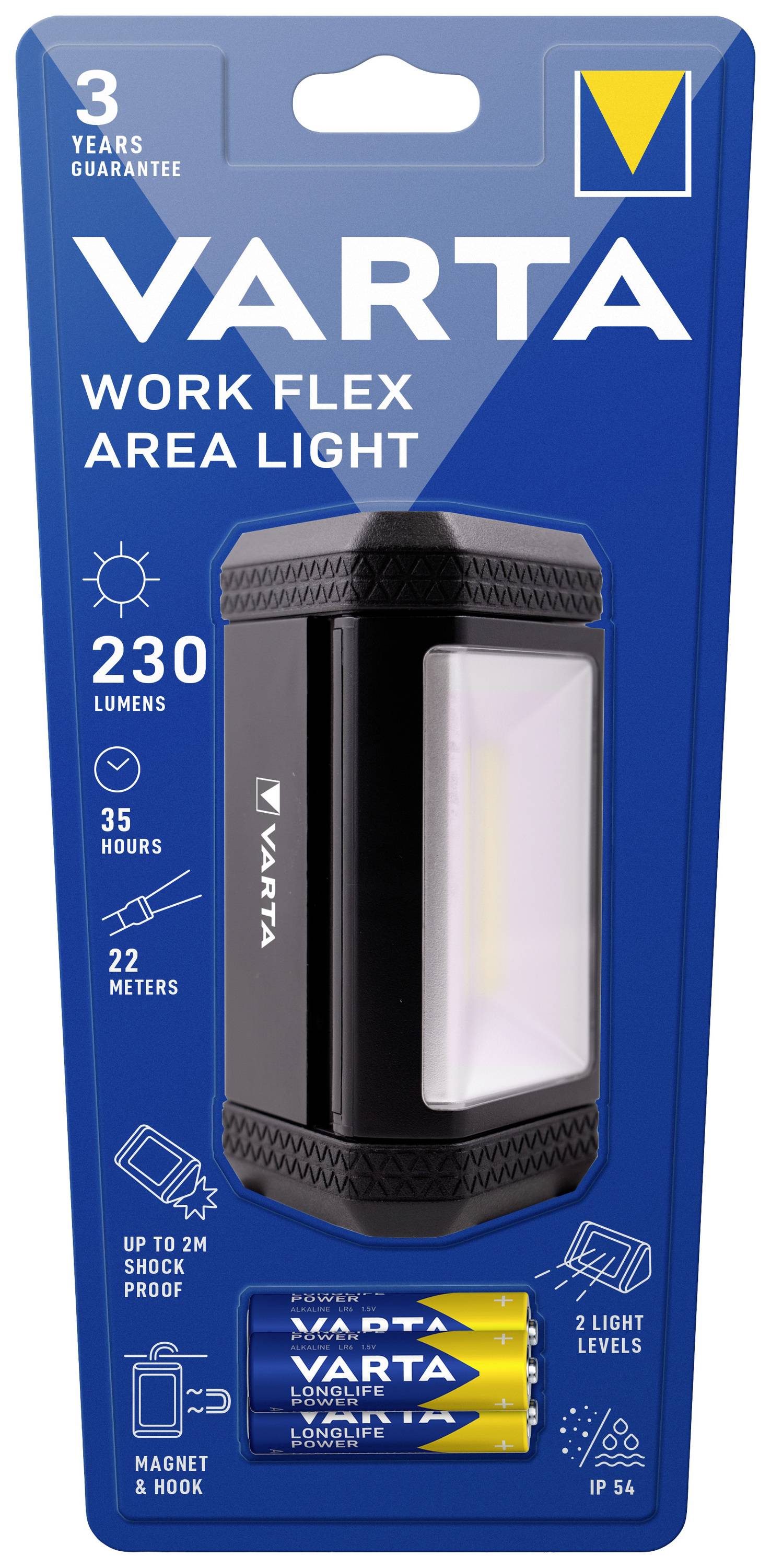 A VARTA 'Work Flex Area Light' csomagolása, 230 lumen, 35 óra üzemidő, 22 méter hatótávolság. Elemekkel együtt, IP54 vízálló.