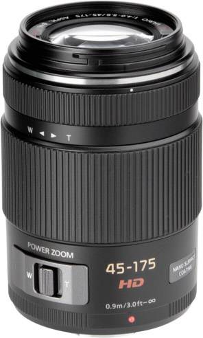 Zoomobjektív 'Power Zoom' felirattal, zoom tartomány '45-175 mm', makró távolság '0,9 m/3,0 láb'.