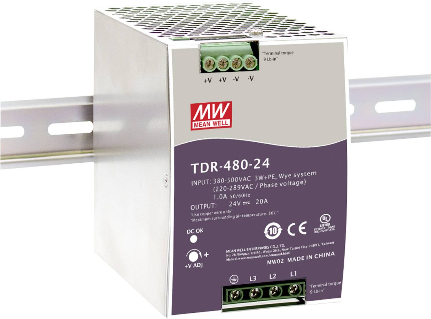 Mean Well ipari tápegység, TDR-480-24 típus. Bemenet: 380-500VAC, Kimenet: 24V, 20A. DIN-sínre szerelhető.