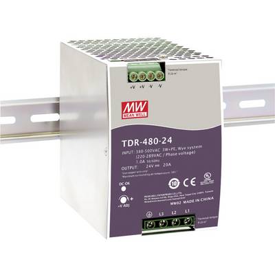 Mean Well ipari tápegység, TDR-480-24 típus. Bemenet: 380-500VAC, Kimenet: 24V, 20A. DIN-sínre szerelhető.