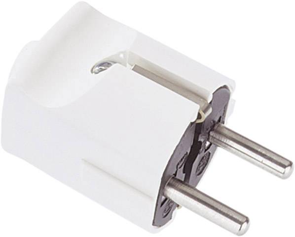 Egy fehér Schuko-csatlakozó adapter, amely alkalmas európai konnektorokhoz, semleges háttér előtt.