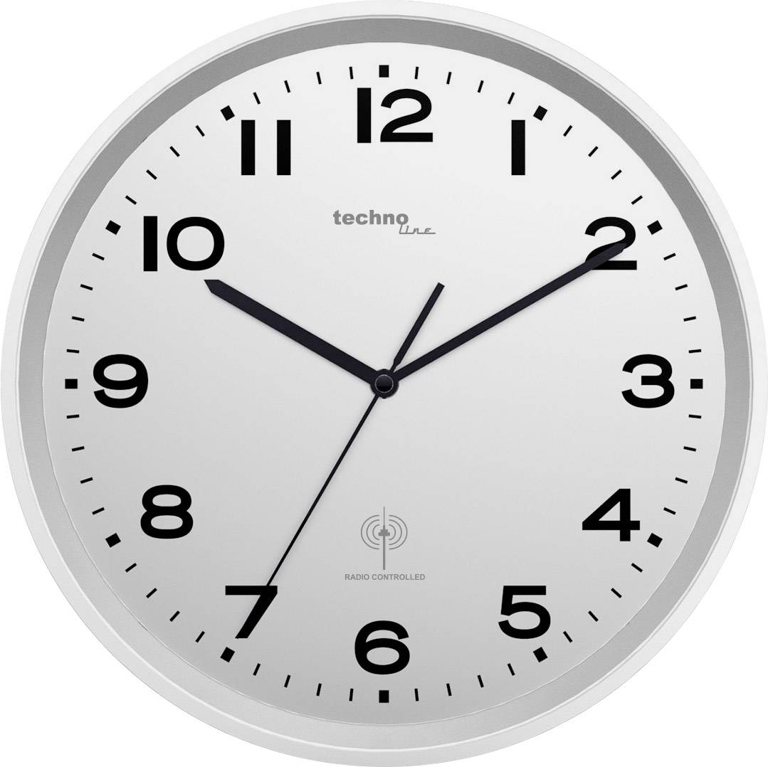 Analóg fali óra, mutatja a 10:10 időpontot. A háttér fehér, a számok és a mutatók feketék. Felül a 'techno Line' felirat látható.