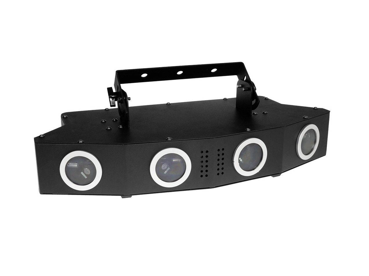 Egy fekete LED-fényeffekt, négy kerek lencséből áll, amelyek egy sorban helyezkednek el, tetején fogantyúval.