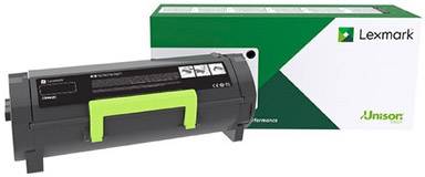 Lexmark tonerkazetta egy zöld-fehér dizájnú termékdoboz előtt.