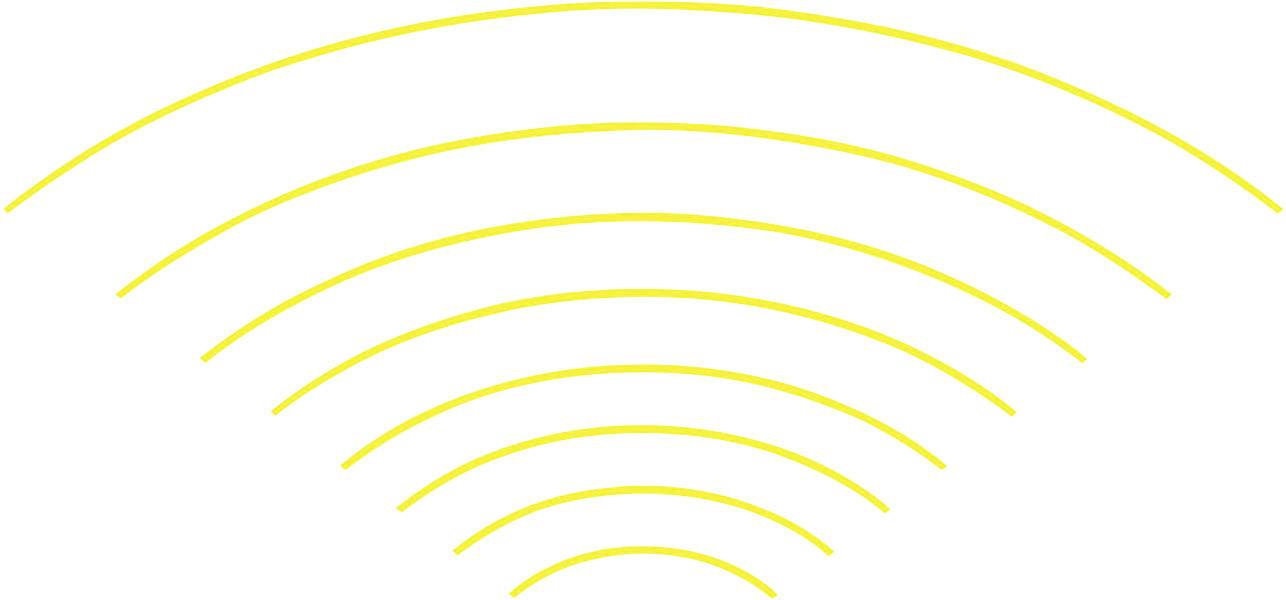 Sárga WiFi-szimbólum fehér háttérben, kilenc félkör alakú vonalból áll, amelyek alulról felfelé haladva méretükben fokozatosan növekednek.