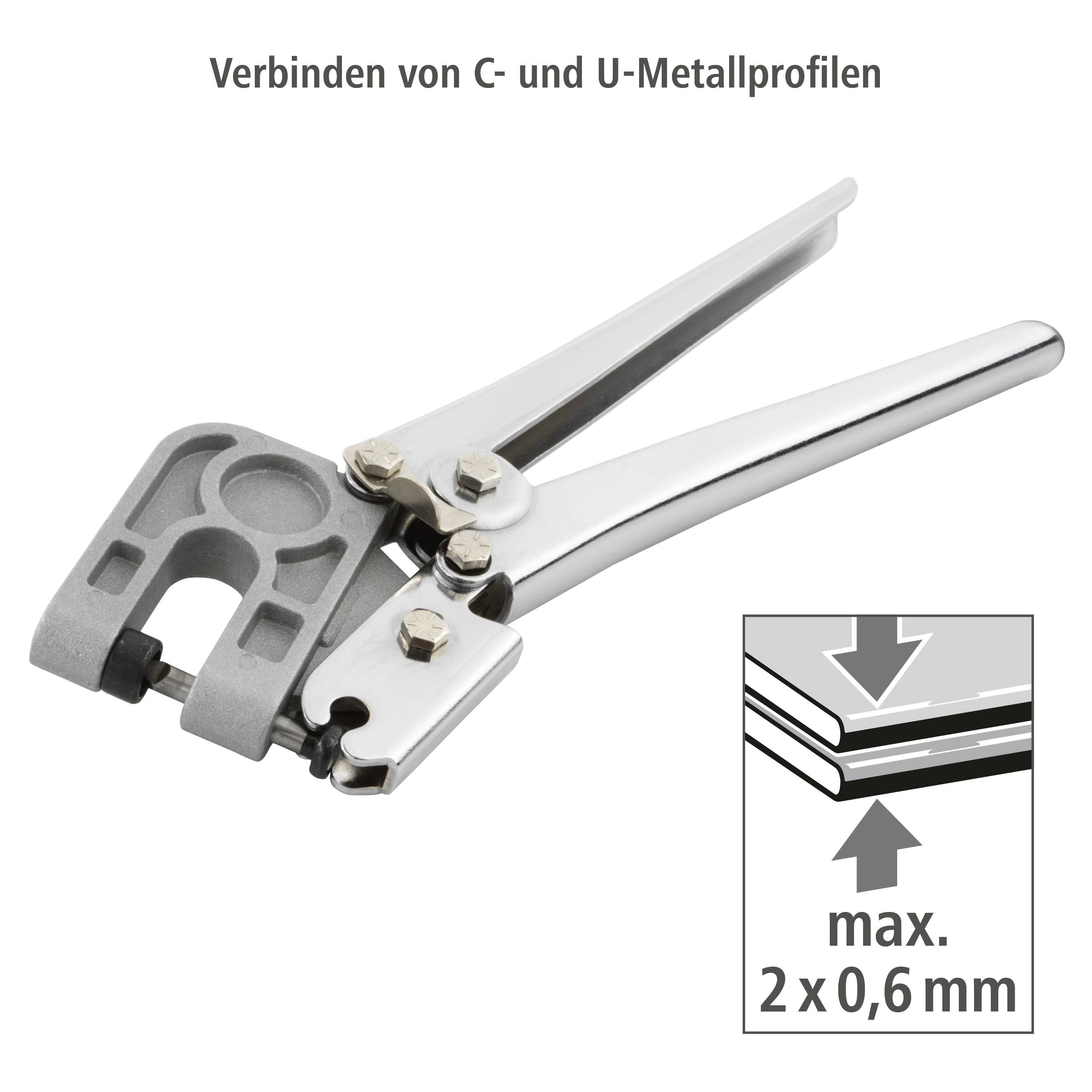 Egy fogó C- és U-fémprofilokat köt össze. Egy diagram mutatja a profilok csatlakoztatását maximum 2 rétegben, 0,6 mm vastagságig.