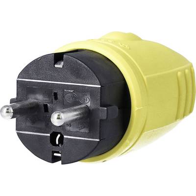 Egy sárga hálózati csatlakozó adapter két kerek csatlakozóval, amely alkalmas európai aljzatokhoz.