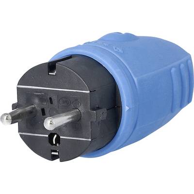 Egy kék elektromos dugalj adapter európai kétérintkezős kialakítással, fekete első résszel, amelyen csatlakozási részletek láthatók.