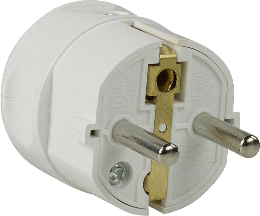 Egy fehér, kétpólusú elektromos dugvilla adapter kerek fémcsatlakozókkal, amely alkalmas európai típusú konnektorokhoz.