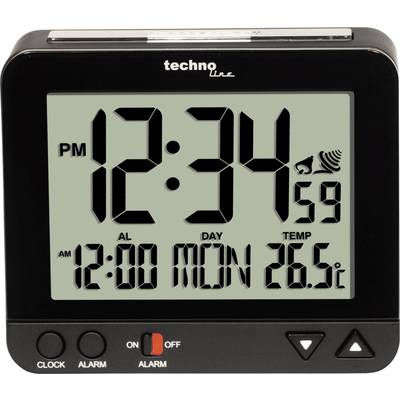 Fekete tokos digitális óra mutatja a "PM 12:34" és "26,5°C" értéket. Alul "12:00 HÉT" és riasztási funkció. Hőmérséklet-kijelzés baloldalon.