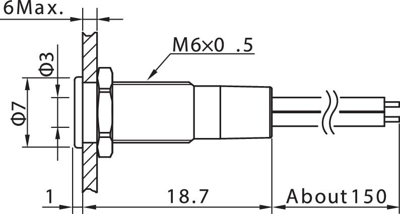 Műszaki rajz egy menetfúróról, a rögzítés méreteit mutatja: 6 Max, M6x0,5, mélység 8,7, befejezési pont 50-nél.