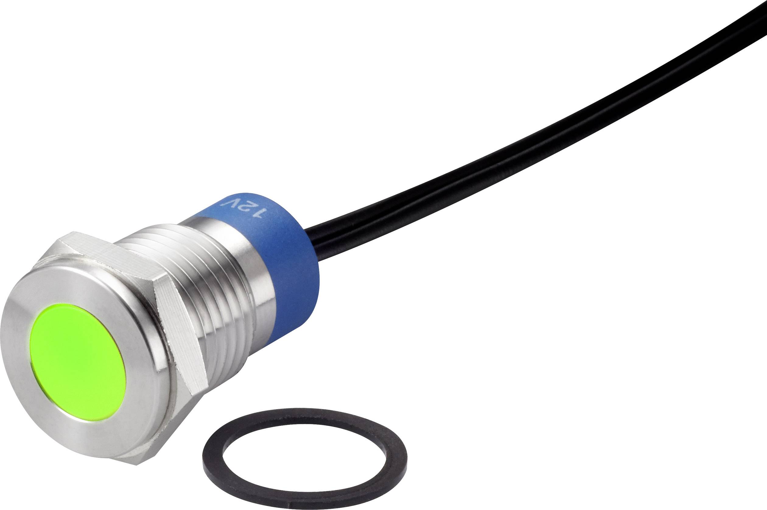 Fémes LED-nyomógomb zöld világító gyűrűvel és kábellel, fekete tömítéssel ábrázolva.