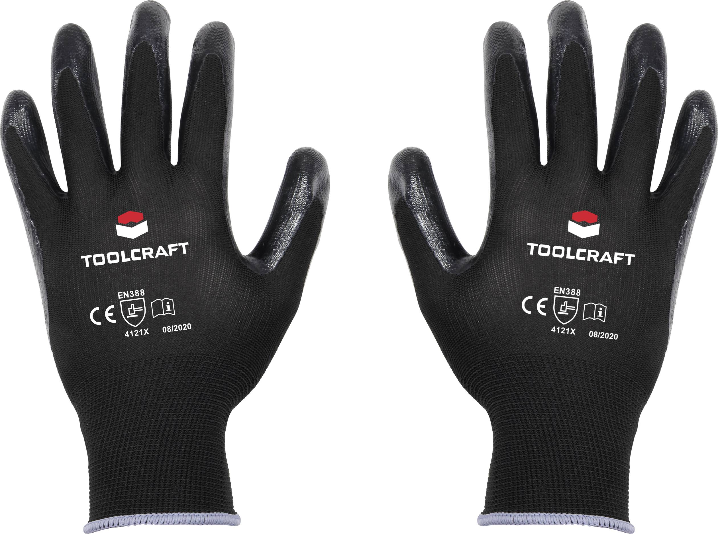 Két fekete munkakesztyű szürke tenyérrészekkel és mandzsettával, amelyeken a Toolcraft logó és biztonsági szabványok szerepelnek.