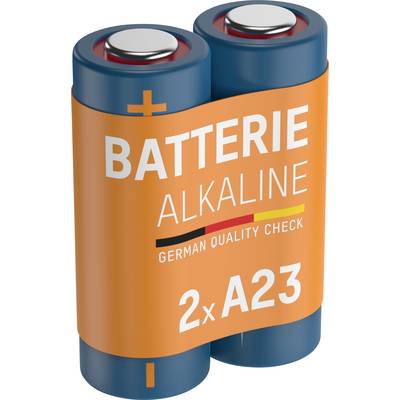 Két kék alkáli elem narancssárga csomagolásban, felirattal: 'Alkáli elem, Német Minőségellenőrzés, 2x A23'.