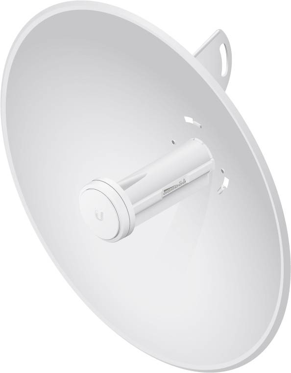 Egy fehér parabolaantenna hengeres középrésszel, amelyet fel lehet szerelni, és nagy távolságú vezeték nélküli kommunikációra szolgál.
