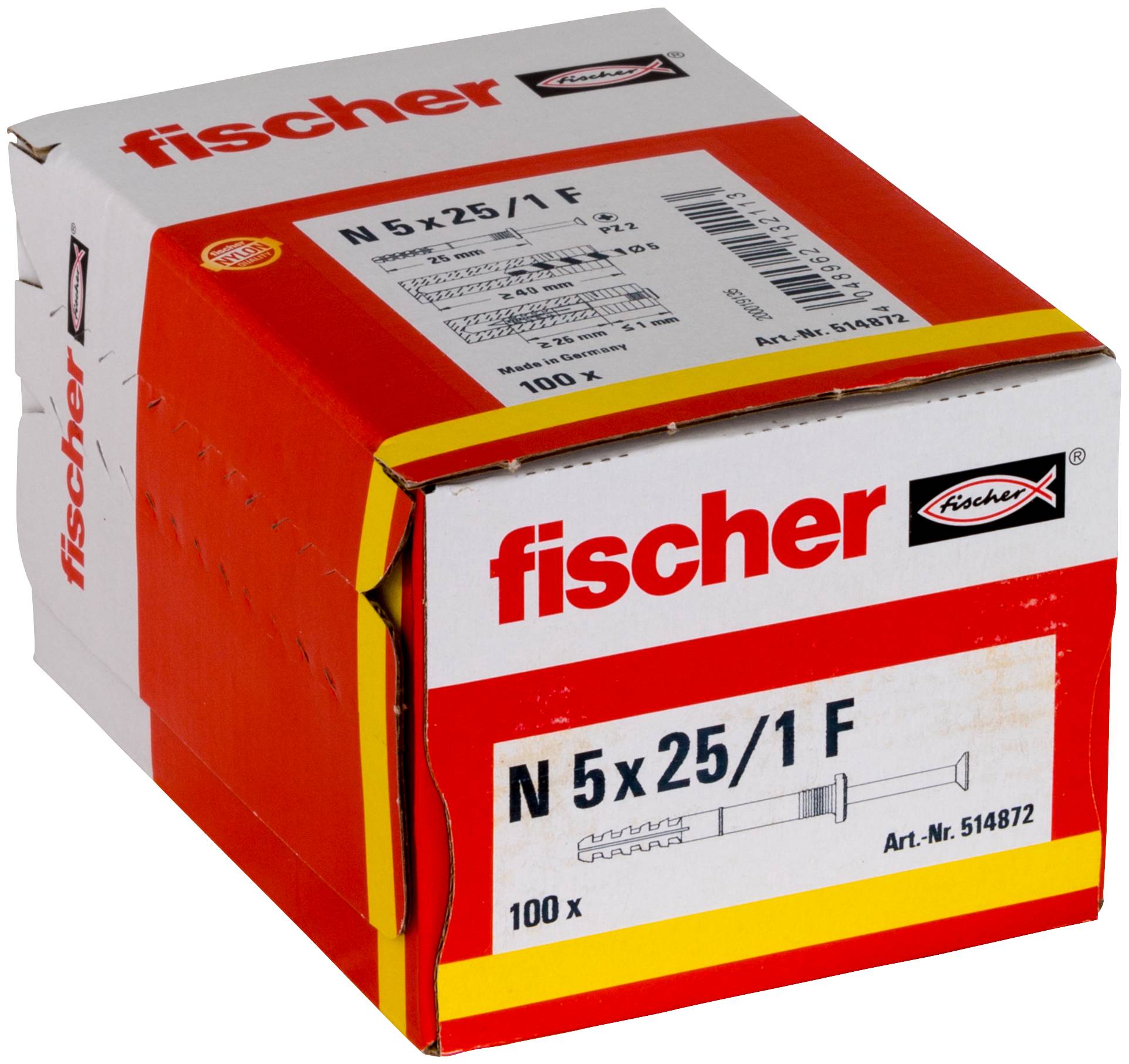 Egy piros-fehér Fischer doboz falitöltőről, amelyen az "N 5x25/1 F" és a "100 x" felirat látható, fehér háttéren zárt állapotban.
