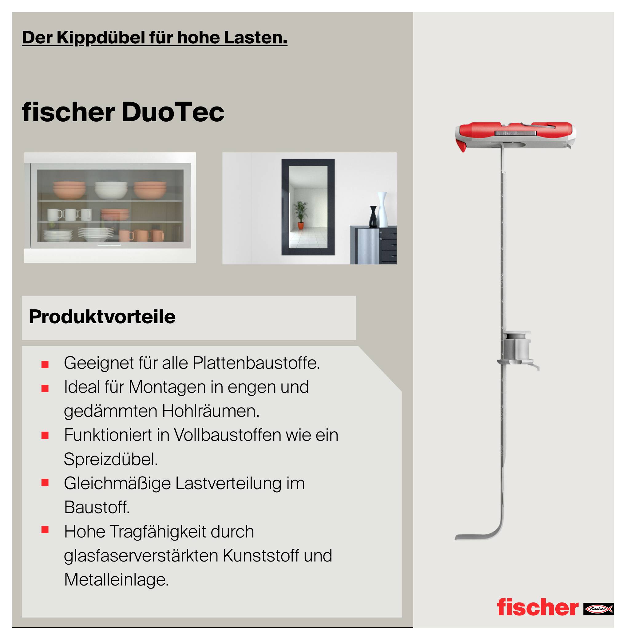 Fischer DuoTec-Kippdübel reklámplakátja nagy terhelésekhez; jobbra mutatja a dübelt és az olyan előnyöket sorolja fel, mint a terheléseloszlás és a magas teherbírás.
