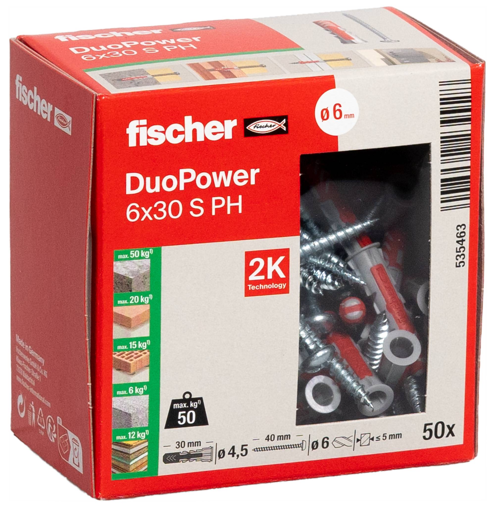 Fischer DuoPower 6x30 S PH falitömlő doboza, amely egy ablakot mutat csavarokat és piros tömlőket tartalmazva, 50 darabos és 6 mm-es felirattal.
