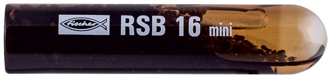Egy Fisher RSB 16 mini golyó alakú patron nagyításban, oldalán felirattal, sötét átlátszó testtel és borostyán végével.