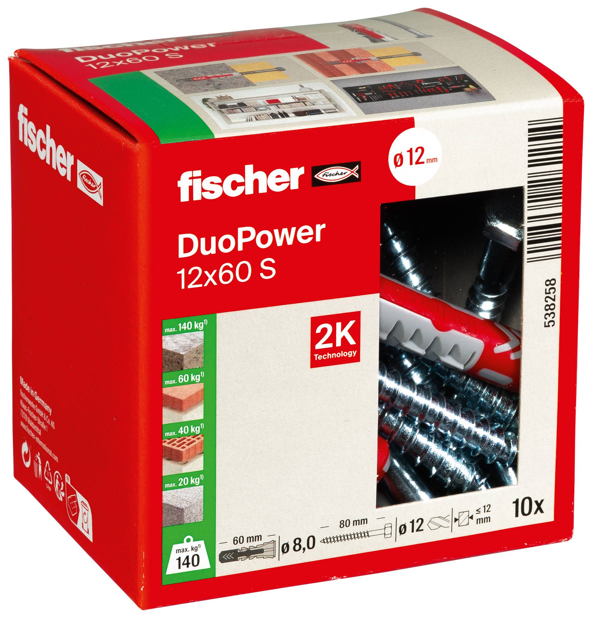 Fischer DuoPower 12x60 S falitapasz és csavarszett doboz, piros csomagolás látható horgonyokkal és csavarokkal, 10 db, 12 mm-es lyukakhoz