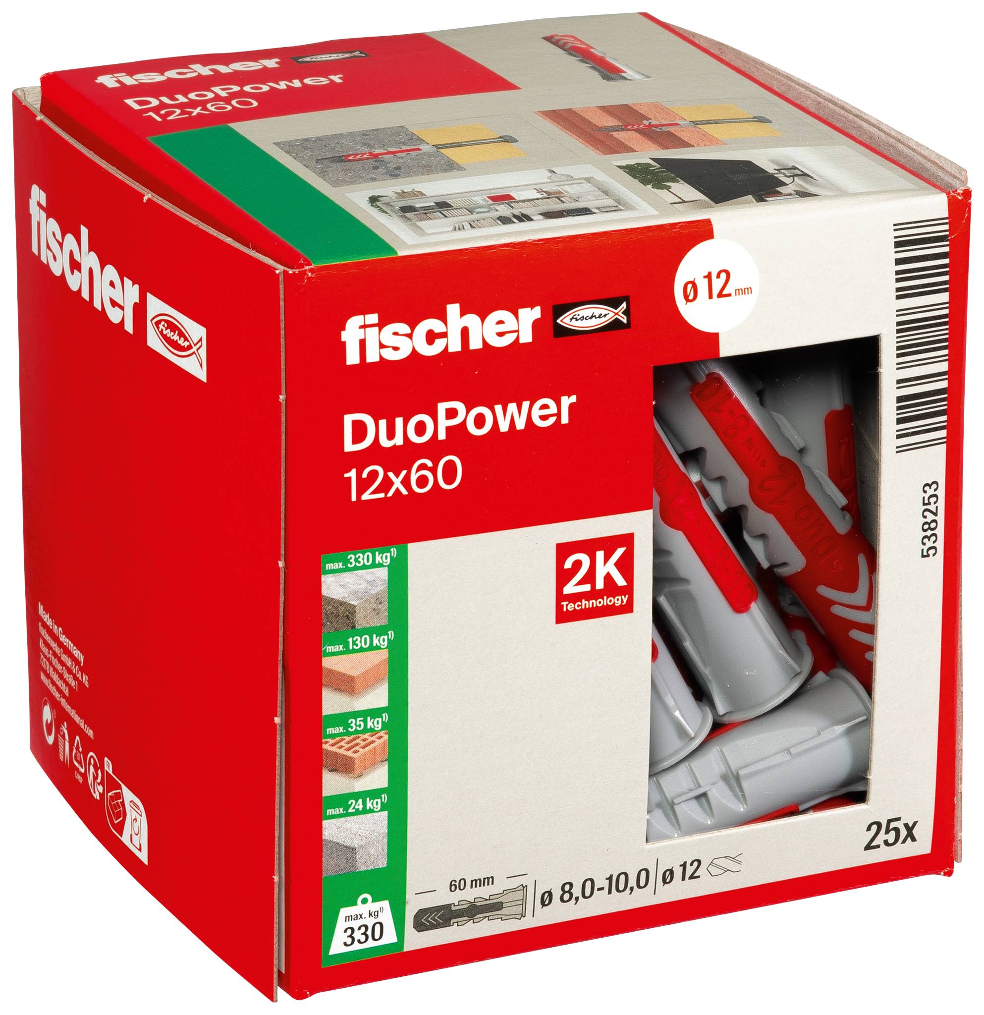 Fischer DuoPower 12x60 falitömítők doboza, piros és fehér csomagolás, terméképablakkal, amely a beltartalmú tömítőket és a 25 darabos mennyiséget mutatja.