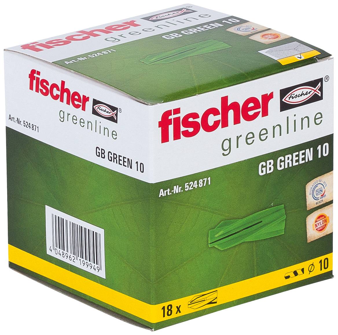 Fischer greenline GB GREEN 10 falitapasz doboza, amely a termék márkázását, a 524871-es cikkszámot, vonalkódot és az 18x csomag mennyiséget mutatja.