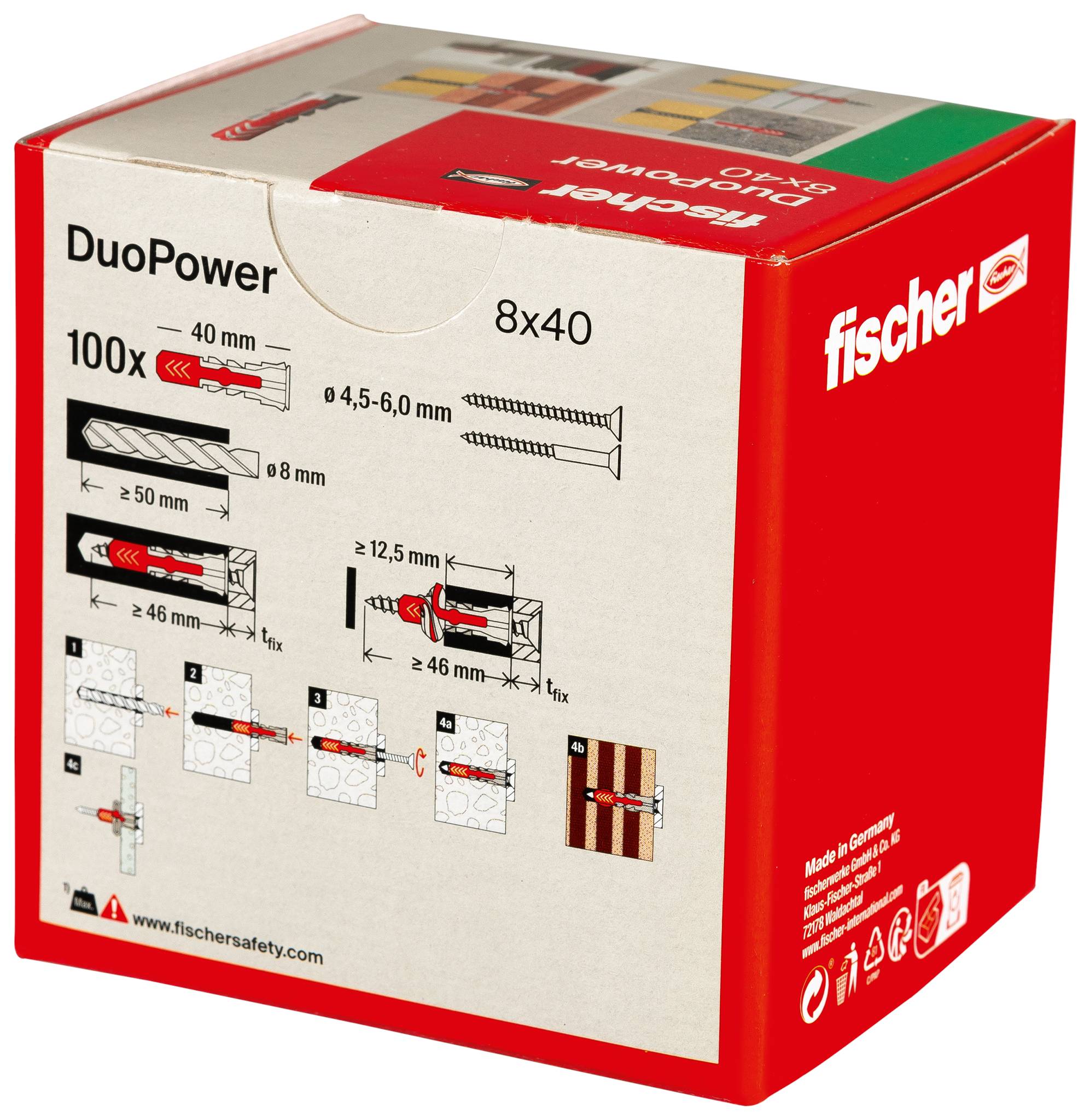 Egy doboz Fischer DuoPower 8x40 falitöltő, amely '100x' címkével van ellátva, az elején telepítési diagramokkal és méretspecifikációkkal.