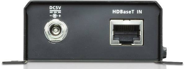 HDBaseT IN csatlakozó és DC5V tápellátási csatlakozó a fekete készülékhomlokzaton, további feliratok vagy vizuális elemek nélkül.
