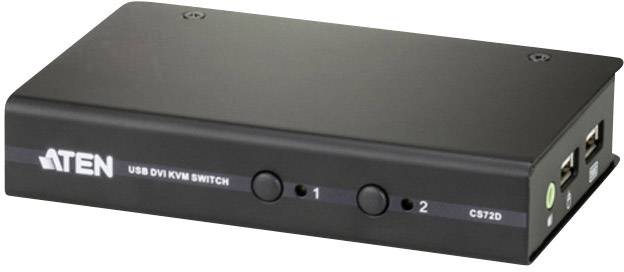 Egy fekete USB-DVI-KVM-kapcsoló az Aten-től, CS72D modell, két USB-csatlakozóval és gombokkal két számítógép vezérléséhez.